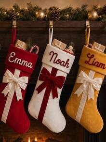 1pc Customized Name Velvet Christmas Stocking With Large Bow, Embroidered Name Christmas Hanging Stocking For Home Fireplace Decor, Family Holiday Christmas Gift - Multicolor - View 3