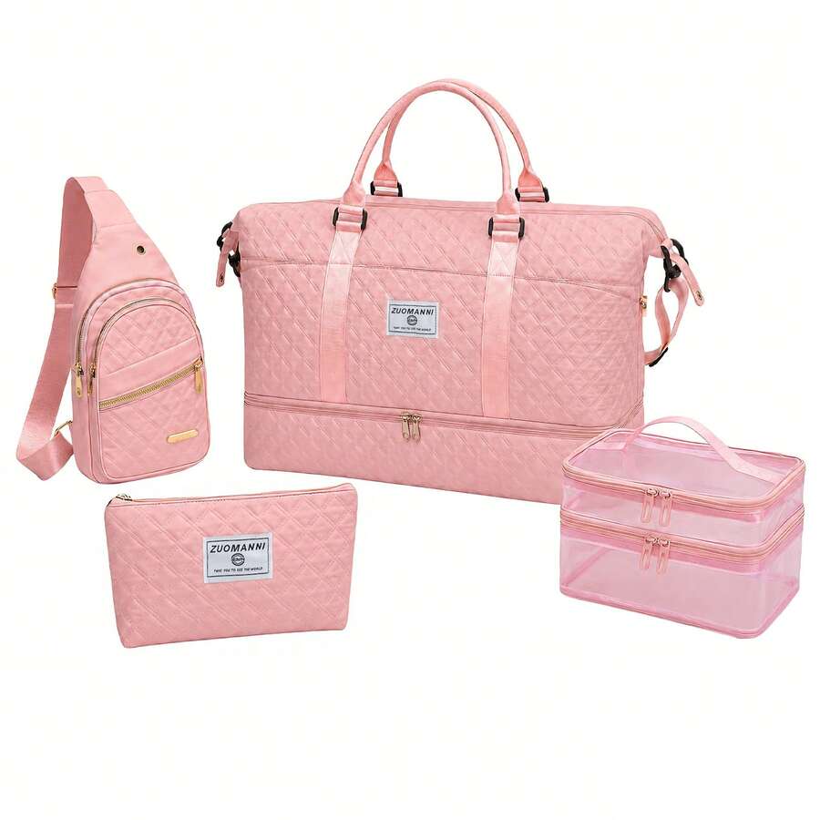 4‑Piece Quilted Travel Bag Set Weekender Duffle With Shoe Compartment Sling Backpack Cosmetic & Mesh Toiletry Pouch - Pink - View 1