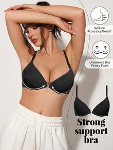 Women's Black Butterfly Lace Hollow Y-Back Bra, Front Closure Sexy Lingerie, Adjustable Spaghetti Strap, Seamless Underwear For Backless Tops - Black - View 2