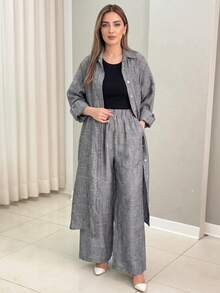 Women's Spring/Autumn Fashion Casual Lapel Long Sleeve Solid Color Top And Solid Color Pants Minimalist Daily 2-Piece Set - Grey - View 1