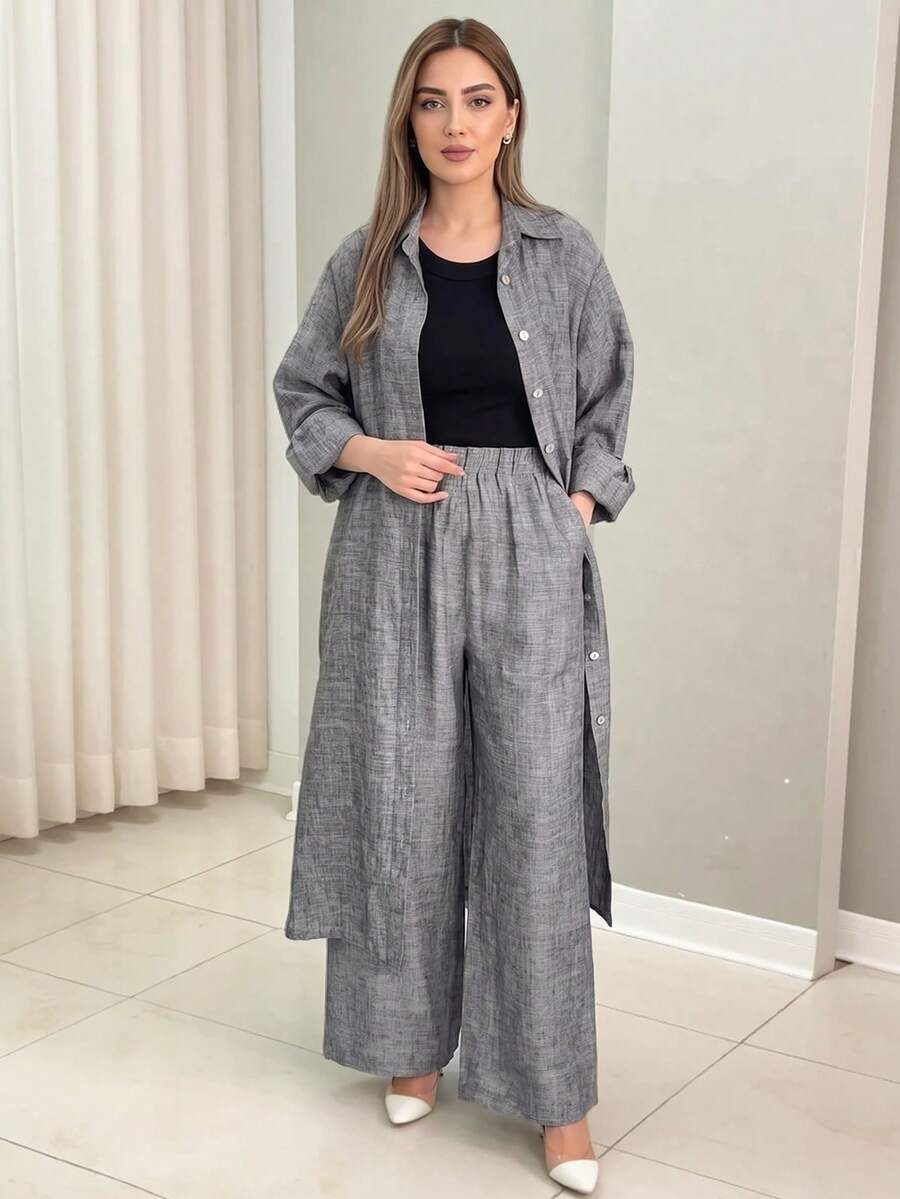 Women's Spring/Autumn Fashion Casual Lapel Long Sleeve Solid Color Top And Solid Color Pants Minimalist Daily 2-Piece Set - Grey - View 1