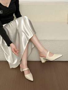 1 Pair Women Beige Pointed Toe Chunky Heel Sandals Elegant Fashion Style Comfortable Versatile High Heels - Beige - View 3