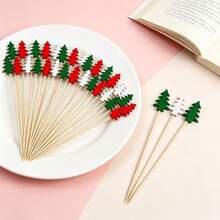 10/100pcs Bamboo Christmas Tree Fruit Picks, 3 Colors, Suitable For Appetizers, Fruit Skewers, Pumpkin, Acorn; Multi-Functional Picks, Perfect For Halloween, Christmas, Valentine's Day And Various Party Events - Multicolor - View 1