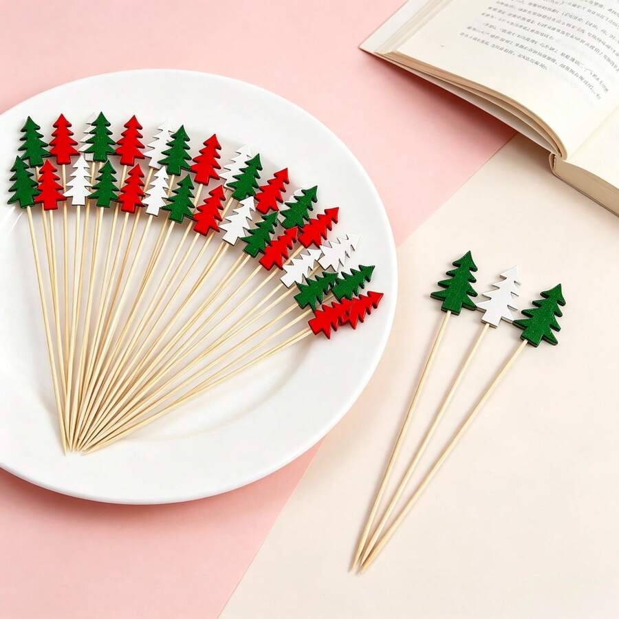 10/100pcs Bamboo Christmas Tree Fruit Picks, 3 Colors, Suitable For Appetizers, Fruit Skewers, Pumpkin, Acorn; Multi-Functional Picks, Perfect For Halloween, Christmas, Valentine's Day And Various Party Events - Multicolor - View 1