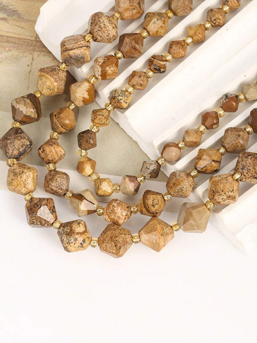 1 Strand 6/8/10MM Natural Stone Pyramid Shape Picture Jades Spacer Beads For Jewelry Making Diy Bracelets Accessories - Khaki - View 1