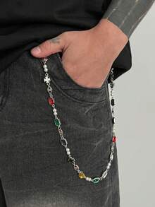 1pc Vintage Distressed Gold-Tone Rhinestone Pant Chain, Baroque Oval Gemstone Patchwork Denim Wallet Chain, Medieval Gothic Unisex Waist Chain, Suitable For Denim Streetwear Accessories - White K - View 3