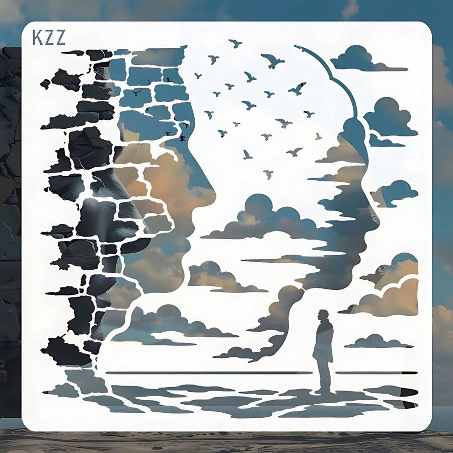 Abstract Face Cloud Birds Painting Stencil, Reusable Surreal Sky Portrait Template For Canvas, Fabric, Wall, Pillow, Frame & DIY Home Decor - Single Piece - View 1