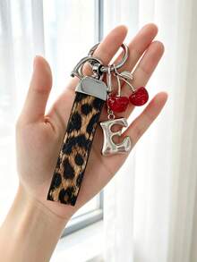 26 Alphabet Car Keychains, Silver Letter Zinc Alloy Accessories, Leopard Print Cherry Pendant, PU Rope Car Lock Key Fob, Car Remote Control Hanging Decoration, Bag Decoration Pendant, Car Key Ring, Key Chain Key Accessories. Holiday Gift, - Letter - View 32