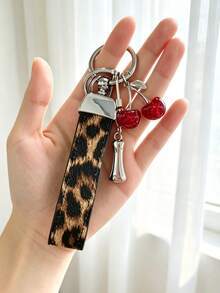 26 Alphabet Car Keychains, Silver Letter Zinc Alloy Accessories, Leopard Print Cherry Pendant, PU Rope Car Lock Key Fob, Car Remote Control Hanging Decoration, Bag Decoration Pendant, Car Key Ring, Key Chain Key Accessories. Holiday Gift, - Letter - View 18