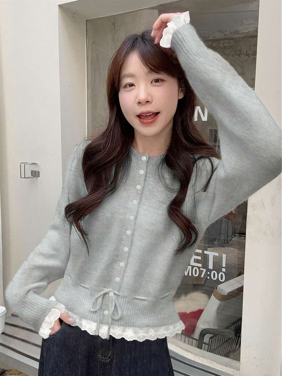 Women's Sweet Lace Trim Patchwork Drawstring Knit Sweater, Round Neck Long Sleeve Cardigan, Autumn/Winter - Gray - View 1