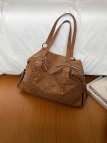 Tas Tote Dekorasi Rivet Vintage, Tekstur Usang, Kapasitas Besar, Tas Bahu, Tas Genggam, Tas Selempang, Untuk Perjalanan Sehari-hari, Tas Kasual Wanita - MultiWarna - View 1