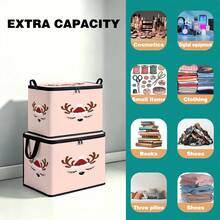 1PC Foldable Christmas Storage Box, Light Pink Background With Cute Reindeer Antlers And Red Christmas Hat Print, Zipper Handle Fabric Storage Bin, Soft Holiday Decor Organizer, Suitable For Home Closet And Bedroom - Multi-color - View 6