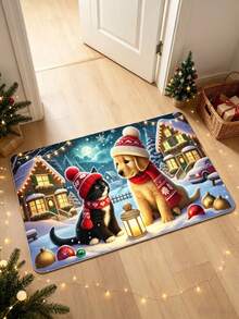 1pc Cat & Dog Wearing Red Hat And Scarf Healing Style Carpet, Doormat, Small Rug, Welcome Mat, Carpet, Floor Mat, Outdoor Doormat, Kitchen Rug, Home Decor, Front Door Mat, Area Rug, Outdoor Mat, Home Decor, Area Carpet, Garden Rug, Washable Carpet - Multicolor - View 5