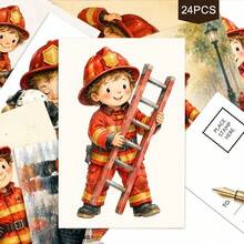 24pcs + 1 Red Envelope Cute Firefighter Theme Greeting Cards & Postcards, Featuring Brave Heroes And Rescue Dogs, Suitable For Thanksgiving, Classic Watercolor Style Art Stationery Set - Sets - View 6