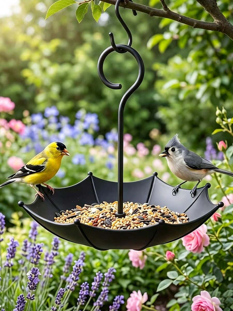 1pc Umbrella Style Bird Feeder & Bath, Multi-Functional Bird Feeding Tray, Landscape Decor, Photo Prop, For Garden, Balcony, Backyard, Weatherproof Plastic, Shaded Design, Ideal Gift For Bird Enthusiasts