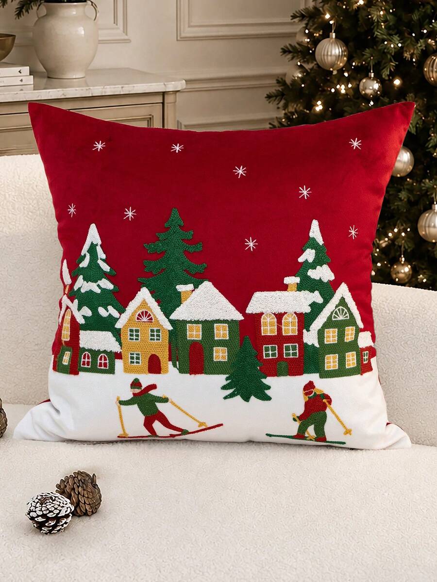 1件紅色聖誕滑雪刺繡枕套，聖誕樹枕套，適合室內裝飾，聖誕裝飾，四季通用枕套，不含枕芯