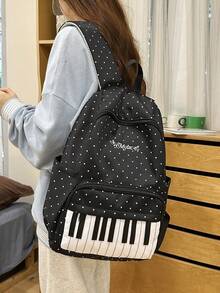Piano Keyboard Polka Dot Backpack, Black & White Music Embroidery Large Capacity Multi-Pocket Casual Daily Use Backpack, Suitable For School, Music Class And Everyday Use - Multicolor - View 8