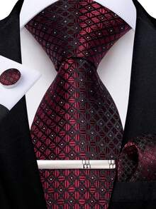 Burgundy Diamond Check Tie, Pocket Square, Cufflinks And Silver Tie Clip 4-Piece Set, Suitable For Winery Tour Dinner, Vineyard Wedding Evening Reception - Burgundy - View 1
