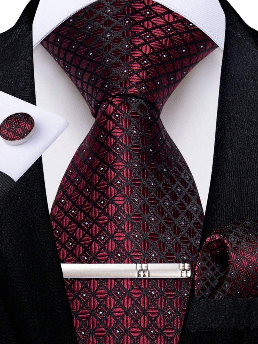 Burgundy Diamond Check Tie, Pocket Square, Cufflinks And Silver Tie Clip 4-Piece Set, Suitable For Winery Tour Dinner, Vineyard Wedding Evening Reception - Burgundy - View 1