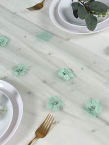 1Pc MiniGreen/Pink/Blue Pearl Beaded Flower Mesh Gauze Table Runner 75*180cm, Fall Boho Birthday Baby Shower Gender Reveal Party Home Holiday Decor - Multicolor - View 4