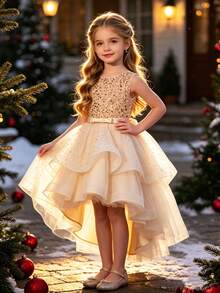 Tween Girl Sleeveless Sequin Mesh Big Hem Trailing Princess Party Dress, Teens Bridesmaid Wedding Formal Gown - Gold - View 7