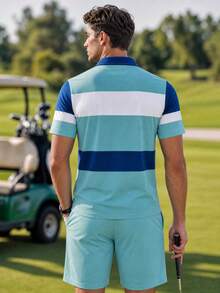Men's 2 Pieces Sports Set, Color Block Striped Short Sleeve Polo Shirt + Drawstring Casual Shorts, Angel Print Summer Casual Sports Outfit - Multicolor - View 2
