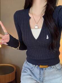 Autumn/Winter New Korean Style Sweet Casual Knit Sweater For Women, Color-Block Cable Knit Texture V-Neck Top, Rabbit Embroidery Slimming Long Sleeve Base Layer, Versatile For Daily Commute - Navy Blue - View 5