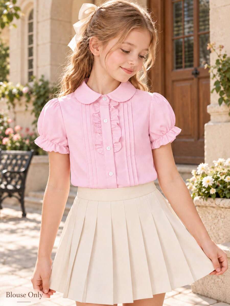 Girls' Pink Peter Pan Collar Ruffle Short Sleeve Blouse, Front Pleated Button School Uniform Top, Suitable For Back To School, Parties And Ceremonies - Pink - View 1