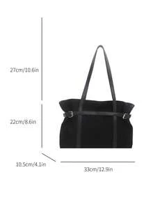Women's Faux Suede Tote Shoulder Bag, Adjustable Buckle Decor Large Capacity Handbag, Suitable For Work, School And Daily Commute. - Black - View 7