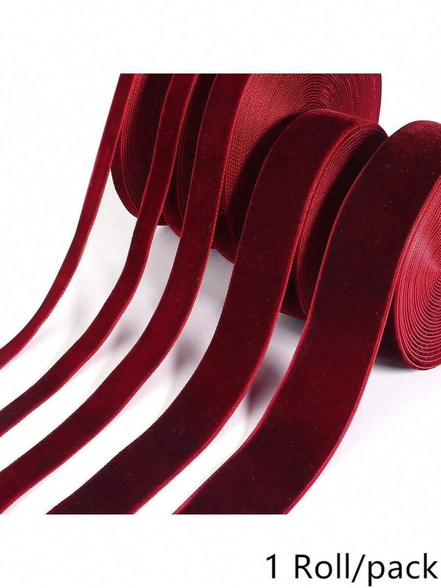 6-38mm 1 Roll Dark Red Single-Sided Velvet Ribbon Christmas Ribbon Jewelry Display Packaging Flower Gift Packaging Bow DIY Party Decoration Valentine's Day - Dark Red - View 1