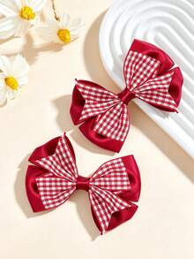 2pcs Red Multi-Layer Plaid Bow Hair Clips, College Style Versatile Hair Accessories Suitable For Daily Wear - Multicolor - View 3