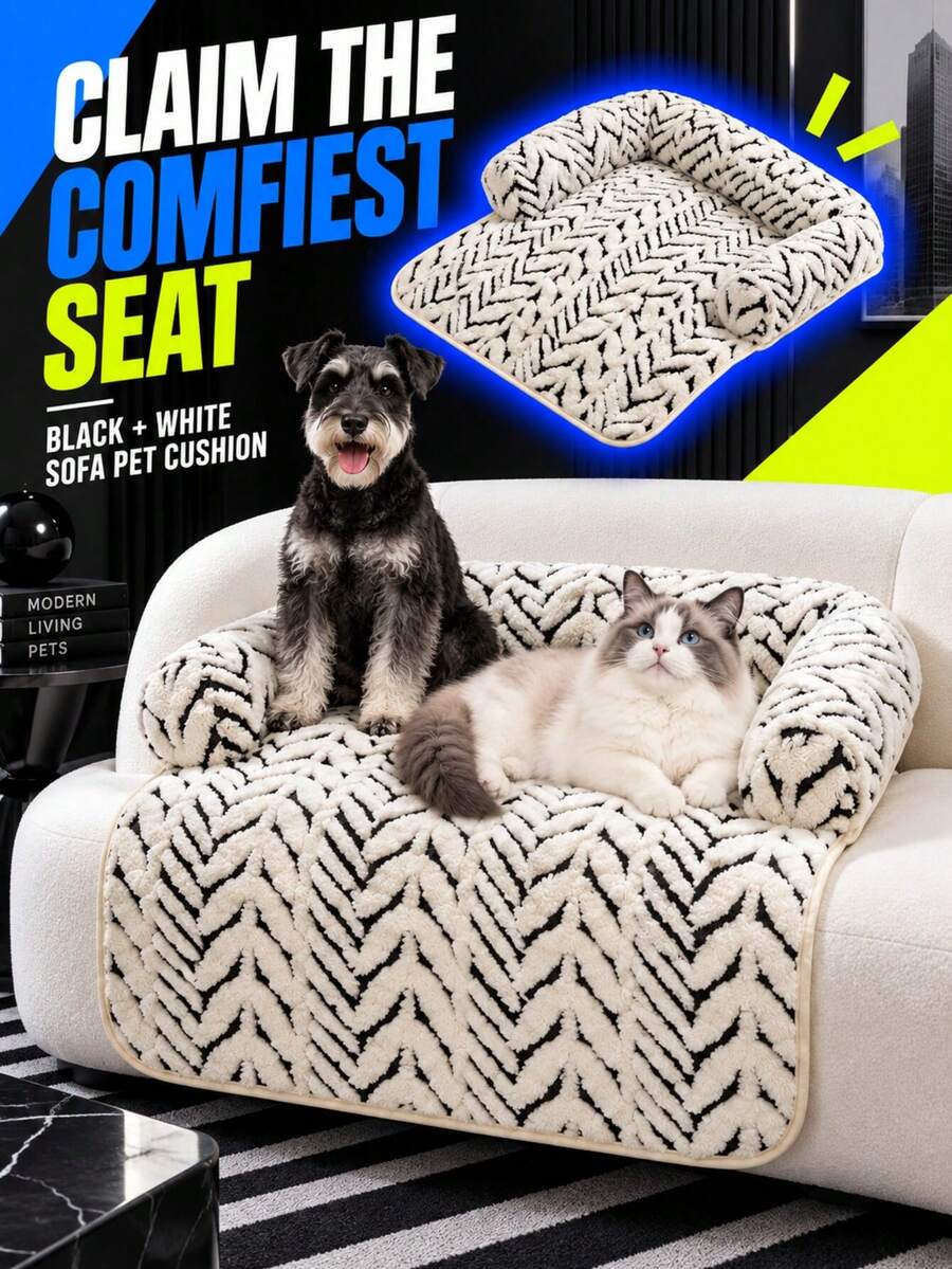 1 chiếc giường sofa thú cưng bằng lông nhung, họa tiết hình học đen trắng kèm gối tựa nâng cao, thảm sofa cho chó, tấm bảo vệ nội thất chống trầy xước, đế chống trượt, phù hợp cho mèo và chó nghỉ ngơi, ngủ và sử dụng trong phòng khách - Nhiều màu - Xem 1