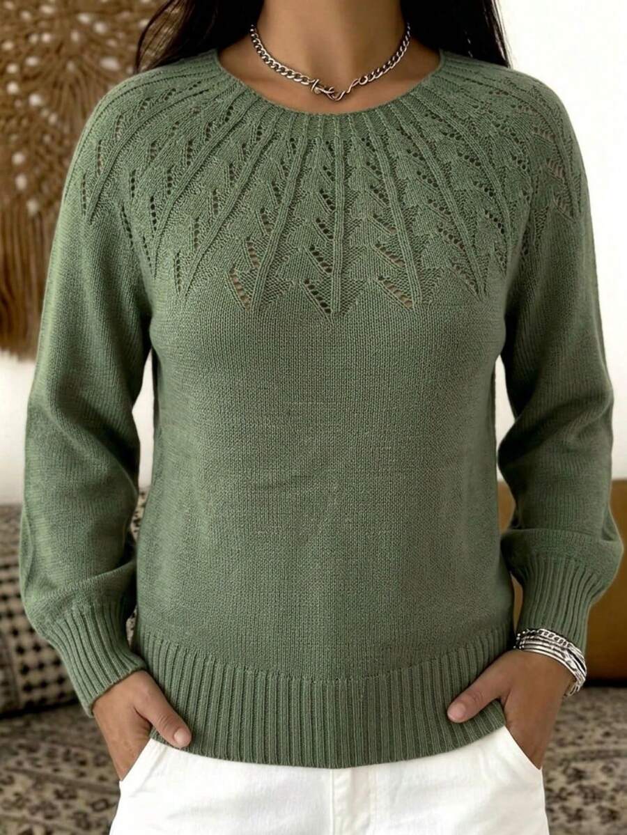Plus Size Women's Loose Casual Round Neck Long Sleeve Knit Sweater, Textured Pattern Minimalist Design, Versatile Everyday Style