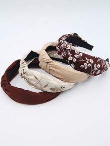 4pcs/Set Women's Solid Color Coffee Flower Fabric Wide Headband With Knot, Simple Washable Hair Accessory For Daily Wear - Multicolor - View 4