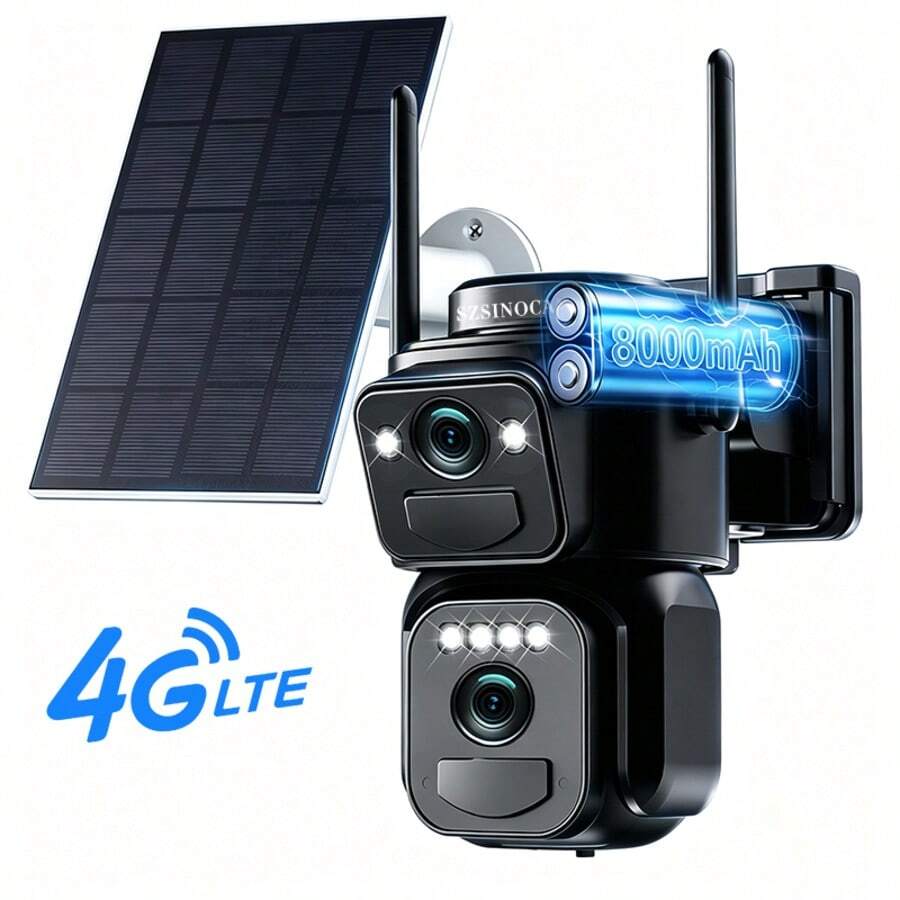 szsinocam 4G LTE Dual Lens Solar PTZ Camera, No WiFi Needed, Dual Live View, Full Color Night Vision, AI Tracking, Two-Way Audio, IP66, For Farm Ranch Remote Area