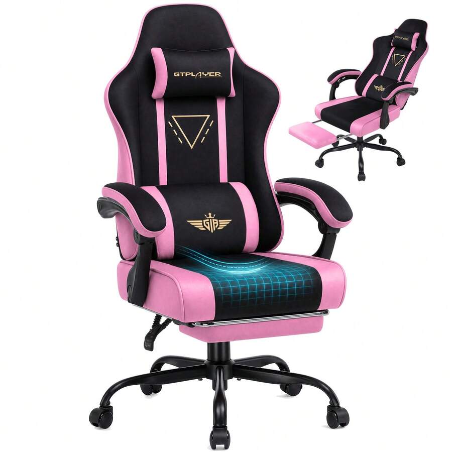 Fabric Gaming Chair With Footrest, Ergonomic Computer Desk Chair With Pocket Spring Cushion Home Office High Back Lumbar Support Heavy Duty Wide - Pink - View 1