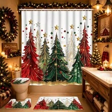 1/4pcs Christmas Polyester Shower Curtain Set, Festive Atmosphere, Decorated With Colorful Christmas Tree And Star Patterns, 70.8*70.8 Inches, Comes With 12 Hooks, Suitable For Bathroom Decor - A - View 23