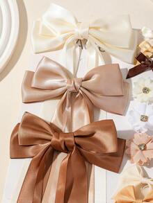 52/3pcs Girls Coffee Color Double Layer Bow Tassel Ribbon Hair Clips Hair Accessories Head Clips Back Of Head Clips Side Clips Alligator Hair Clips For Daily Use - Multicolor - View 2