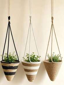 1PC Boho Hand‑Woven Jute Hanging Plant Basket, Cone‑Shape Hanging Flower Pot With Waterproof Inner Liner, Home Balcony Patio Decor - Pointed Bottom - View 8
