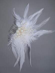 1pc Feather & Faux Pearl Decorated Party Hair Comb, Suitable For Wedding, Party, Holiday And Other Occasions - Silver - View 4