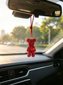 1pc Rhinestone Shiny Bear Car Rearview Mirror Hanging Decoration, Car Interior Decoration Accessory, Car Ornament - A - View 2