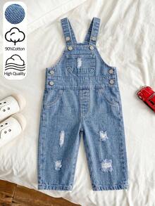 Toddler Unisex Denim Overalls, Soft Cotton Blue Vintage Distressed Denim Fabric, Adjustable Shoulder Straps Retro Style, Suitable For Summer, 80s, Career Day, Back To School, Halloween, Halloween Costume, Halloween Denim - Medium Wash - View 3