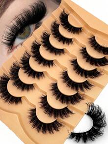 New 7 Pairs D Curl Voluminous Russian Natural Fluffy False Eyelashes, Classic Cat Eye Faux Mink False Eyelashes, Cross Fine 5D Voluminous False Eyelashes, Soft Natural Eyelash Extensions Makeup, Create Natural Makeup Effect, False Eyelashes - Black - View 1