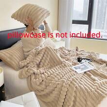 1pc Solid Color Striped Soft Warm Plush Blanket, Room Decor Multi-Functional Throw Blanket, Halloween Decoration Suitable For Bed, Sofa, Travel, Office, Bedroom Decor Home Decoration All Season Use, Christmas Decoration Halloween Is The Perfect Gift For Friends And Family - Light Khaki - View 4