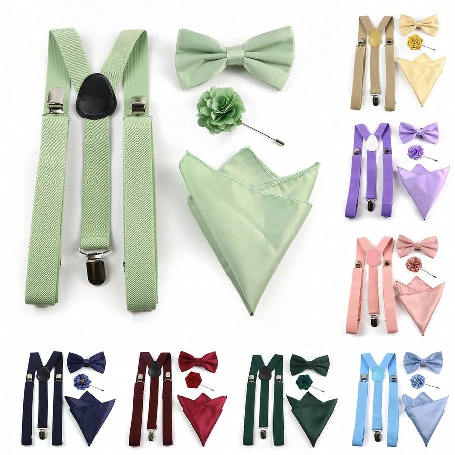 ZONFAZ 4pcs Men's Adjustable Solid Color Suspenders With Matching Satin Bow Tie, Pocket Square, Handmade Corsage Set, Suitable For Wedding, Celebration, Party, Gathering And School Performance - Multicolor - View 1