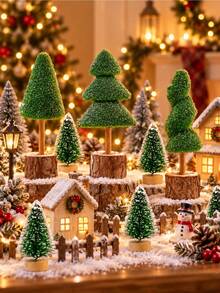 13Pcs Mini Christmas Tree, Tabletop Christmas Tree With Wooden Bases Artificial Mini Tree With 2 Sizes Christmas Table Decor Bottle Brush Trees For Christmas Decorations (Green Snow) - Multicolor - View 4
