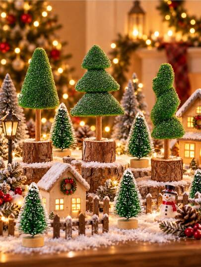 13pcs Mini Christmas Tree Set, Desktop Christmas Tree With Wooden Base, 2 Sizes Artificial Mini Bottle Brush Tree, Christmas Table Decor (Green & )