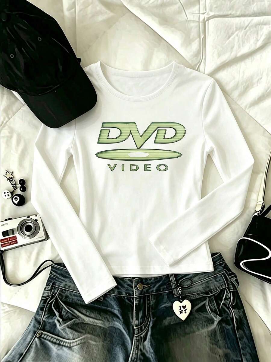 Women's Plus-Size Retro DVD-Print Long-Sleeve Y2K-Style Slim-Fit Crew-Neck Top, White - White - View 1