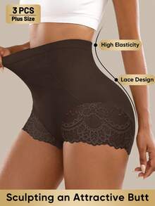 MEIYATING 3pcs Plus Size Women's High Waist Seamless Lace Trim Lightweight Briefs Comfortable Elegant - Multicolor - View 4