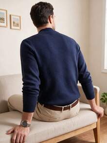 Men's Stand Collar Long Sleeve Solid Color Minimalist Casual Lightweight Knit Sweater, Autumn/Winter - Navy Blue - View 8